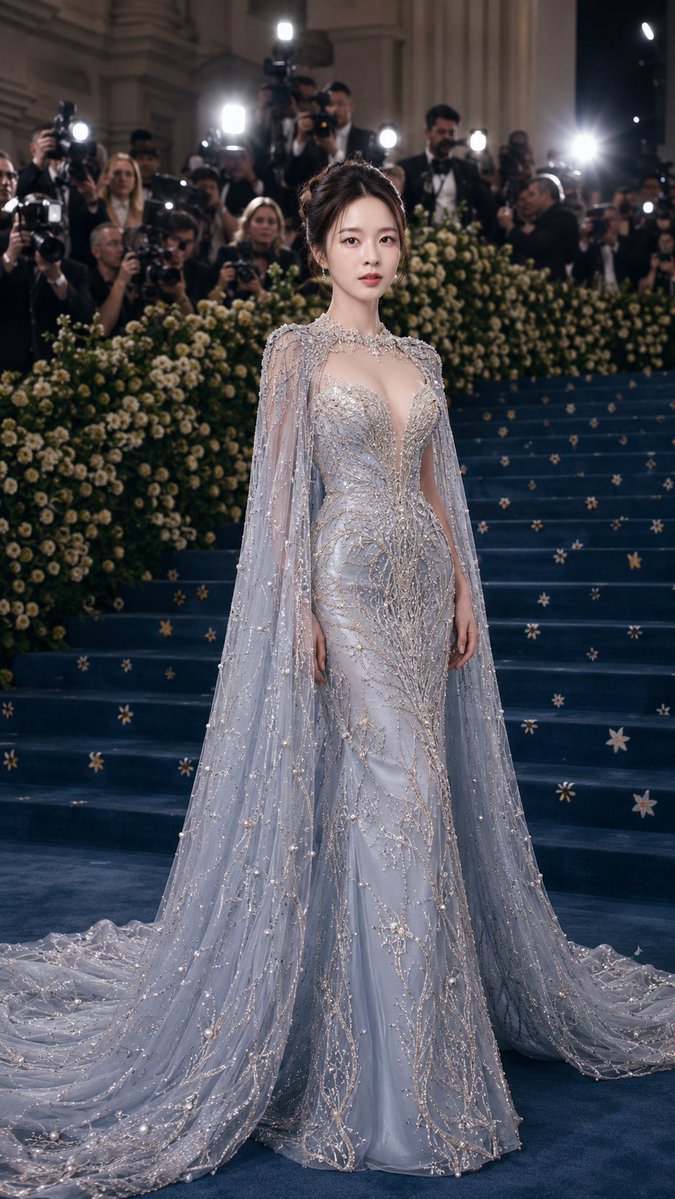 AI Prompt: Generate a Show-Stopping Met Gala Portrait with Ice Blue Couture
