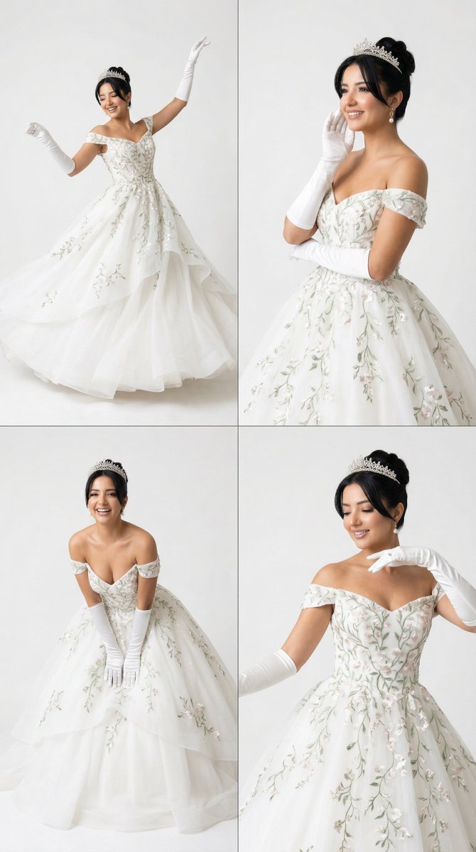 AI Prompt: Generate a White Ball Gown Editorial Fashion Editorial Photo Grid