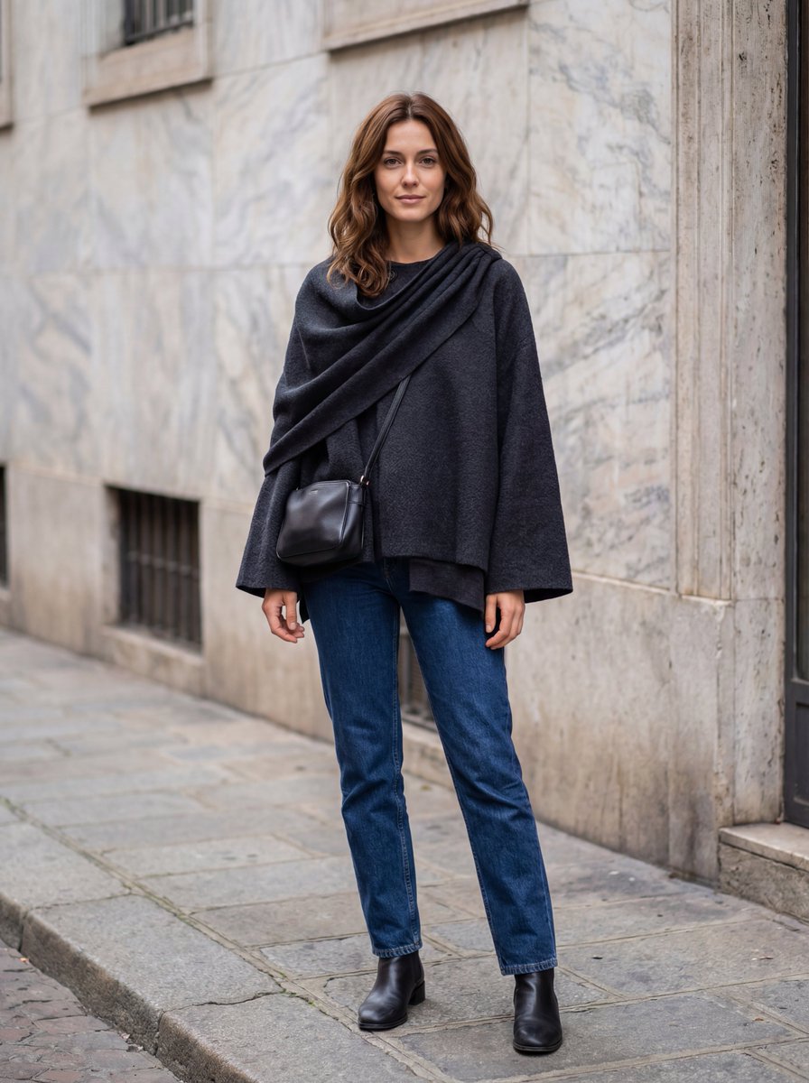 AI Prompt: Generate Hyper-Realistic Fashion Photography with Charcoal Gray Wool Poncho