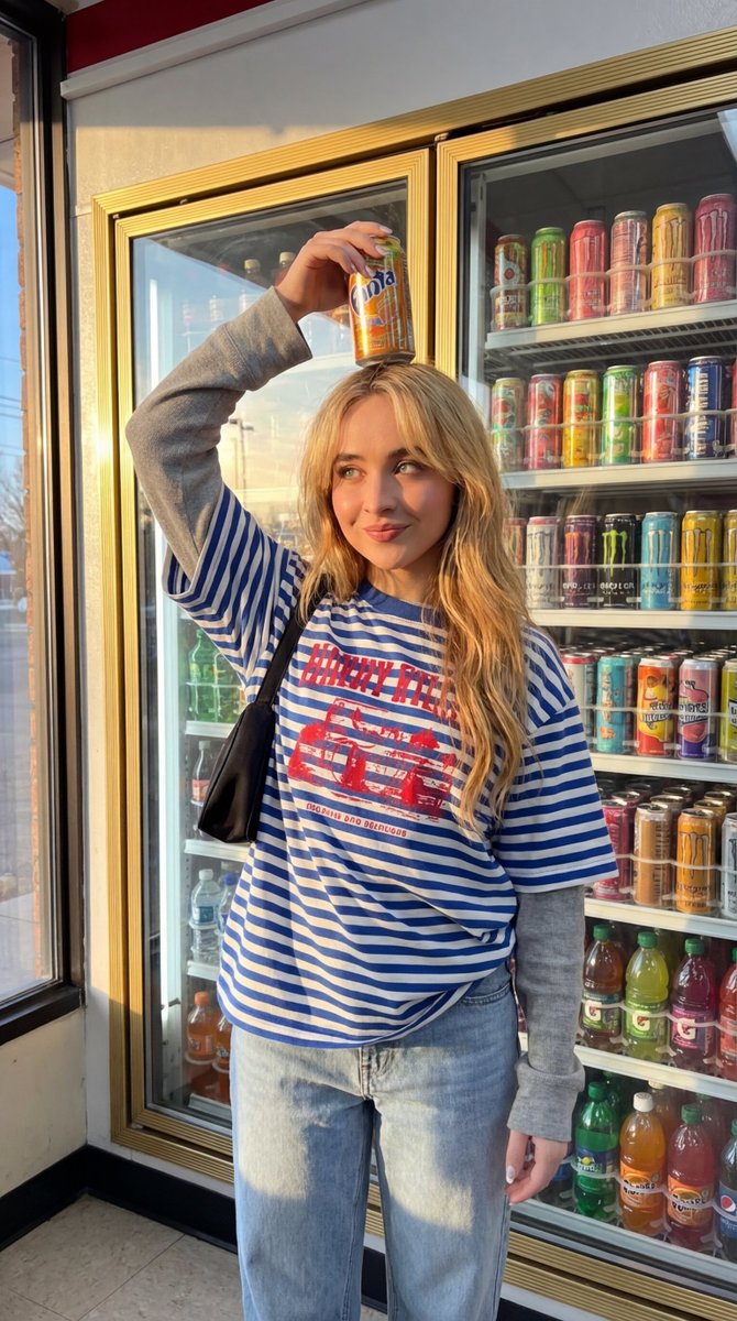 AI Prompt: Realistic Street Fashion Photo of Young Woman in Front of Convenience Store