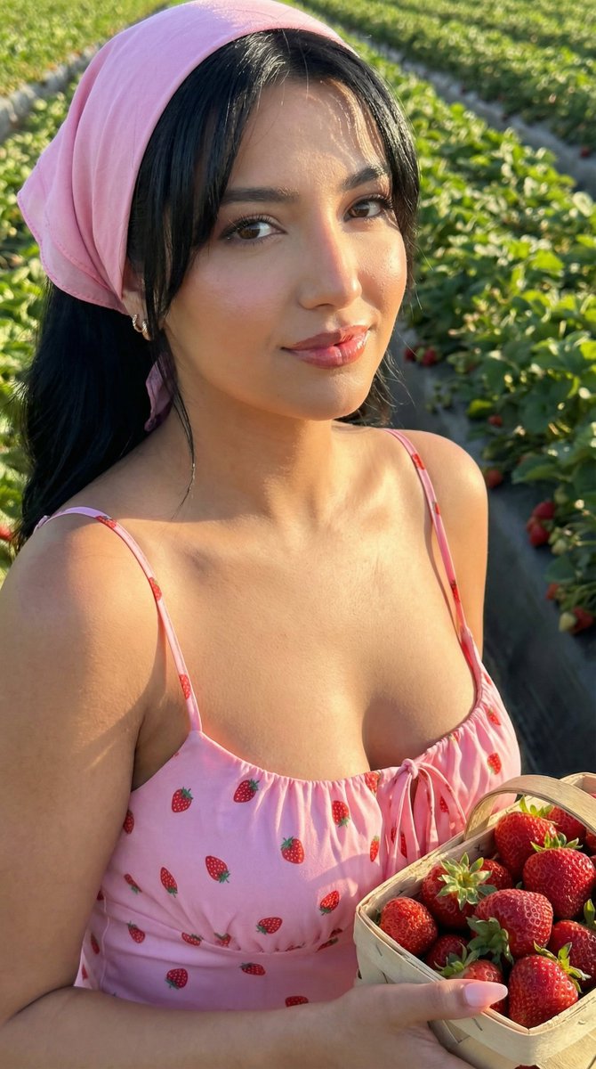 AI Prompt: Strawberry Field Female Portrait with Strawberry Lip Gloss Editorial Fashion Photography