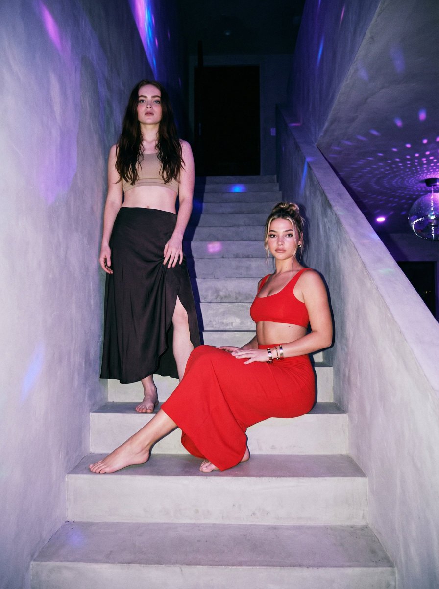 AI Prompt: Stylized Nighttime Group Photo with Fashion Models on Concrete Staircase