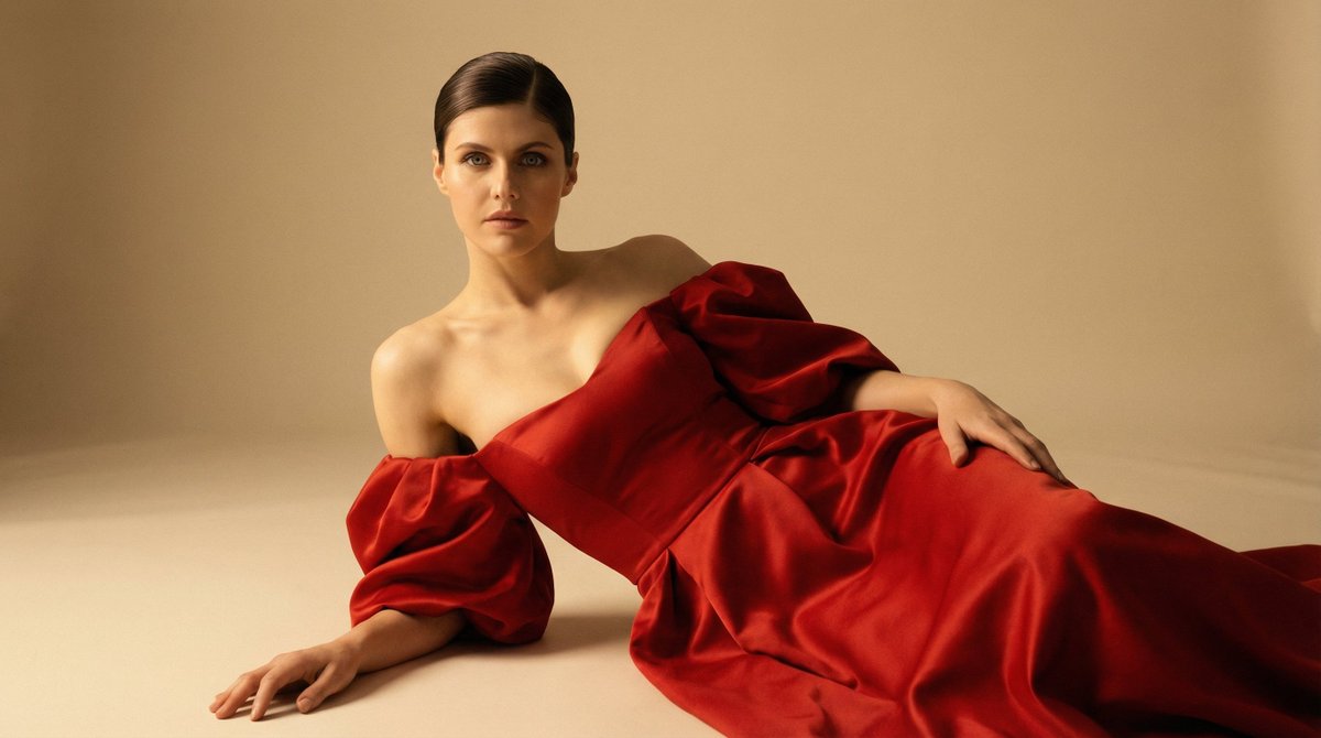 AI Prompt: Ultra-Photorealistic Cinematic Studio Portrait of a Woman in Red Gown