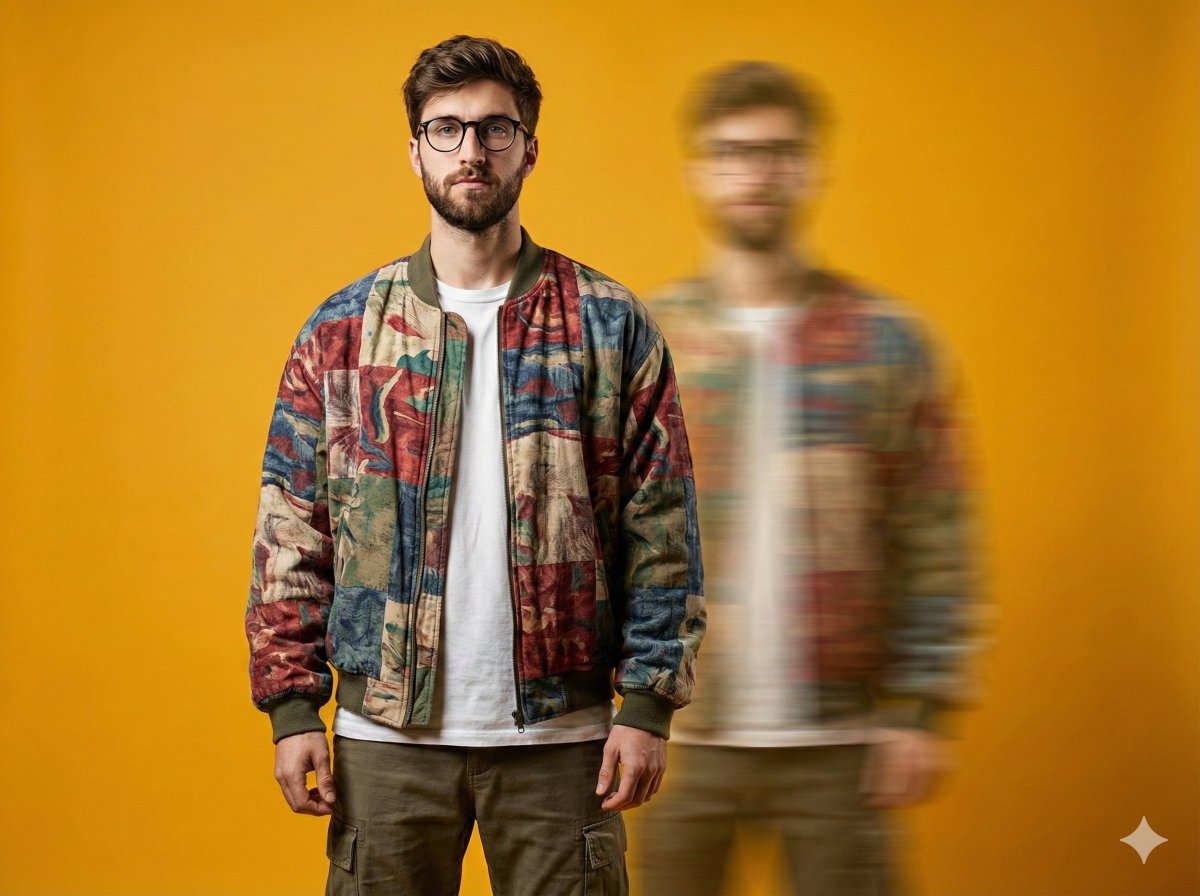 Avant-Garde Fashion Portrait with Motion-Blurred Ghost Duplicate