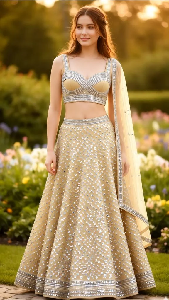 Champagne Gold Sparkling Lehenga AI Image Prompt
