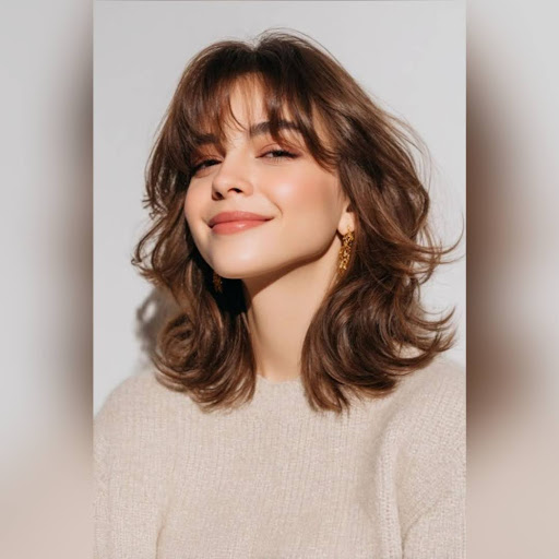 Clean Medium Cut with Soft Bangs for Oval Faces