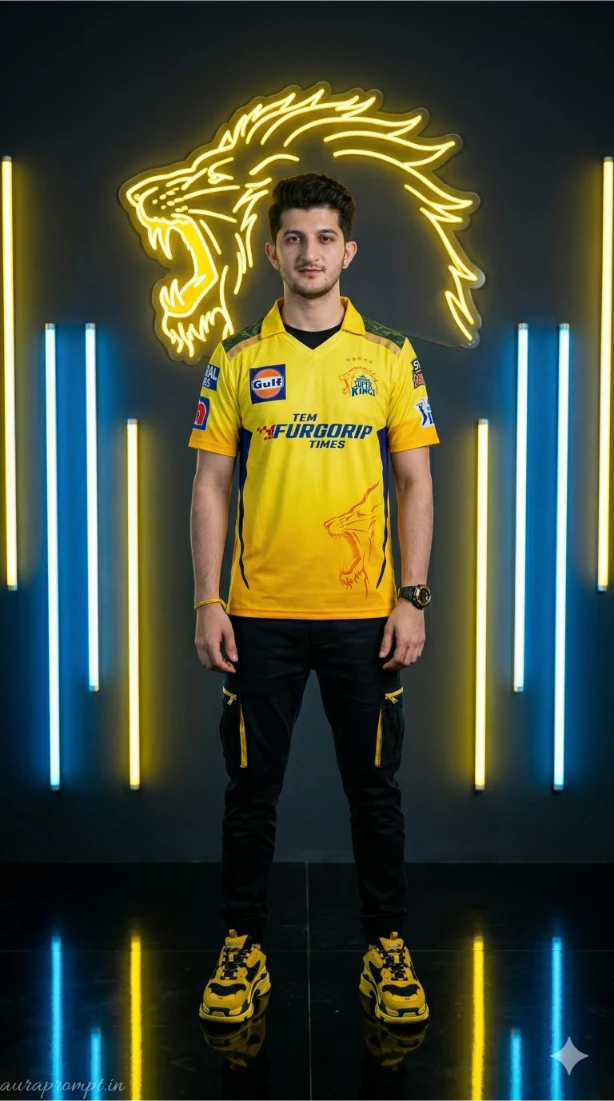 CSK IPL 2026 Neon Editorial Sports Fashion Portrait AI Prompt
