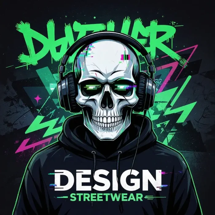 Futuristic Skull Streetwear Design with Glitch Art