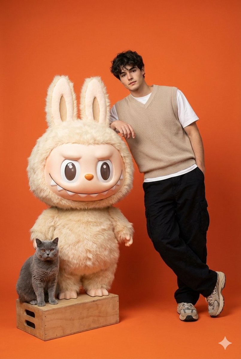Gen-Z Streetwear Portrait with Labubu Plush & Cat