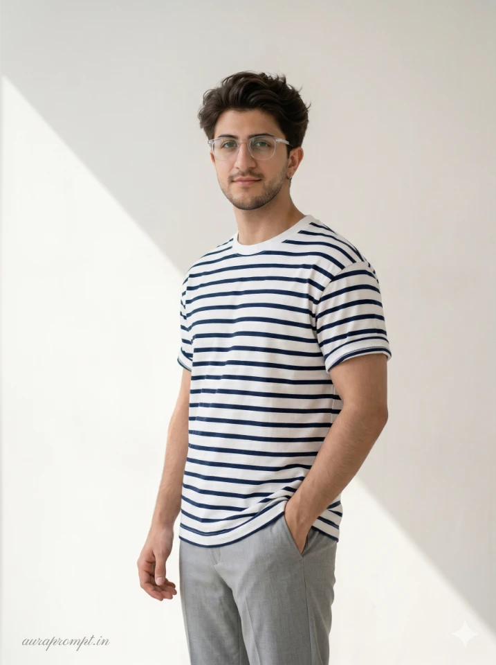 Indian Man Striped T-Shirt Editorial Portrait Prompt