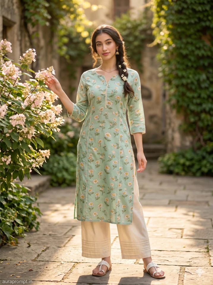 Indian Woman in Mint Kurta: Golden Garden Portrait