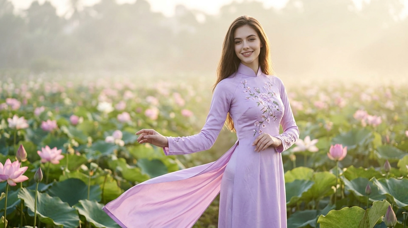 Lavender Ao Dai Lotus Sunrise Fashion Editorial