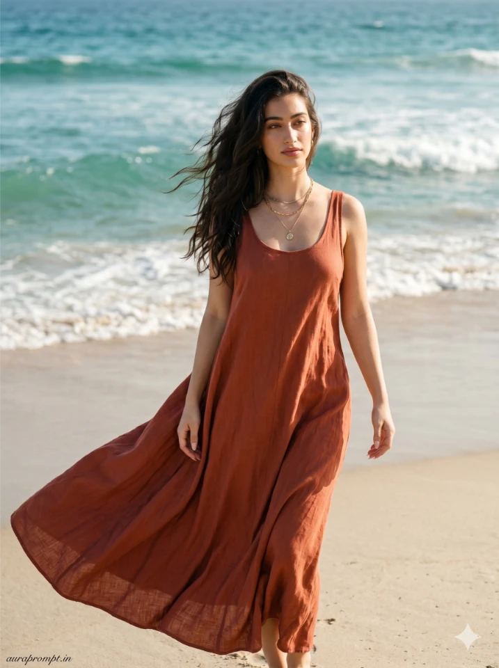 Luxury Beach Portrait | Terracotta Linen Maxi Dress