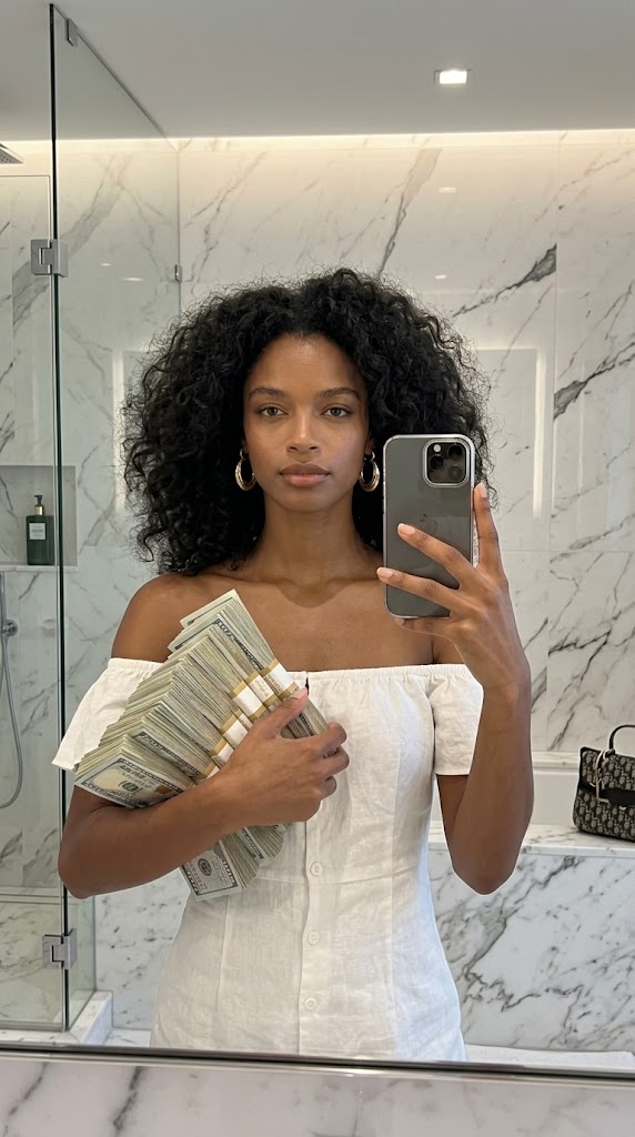 Luxury Mirror Selfie with Cash & Marble Bathroom