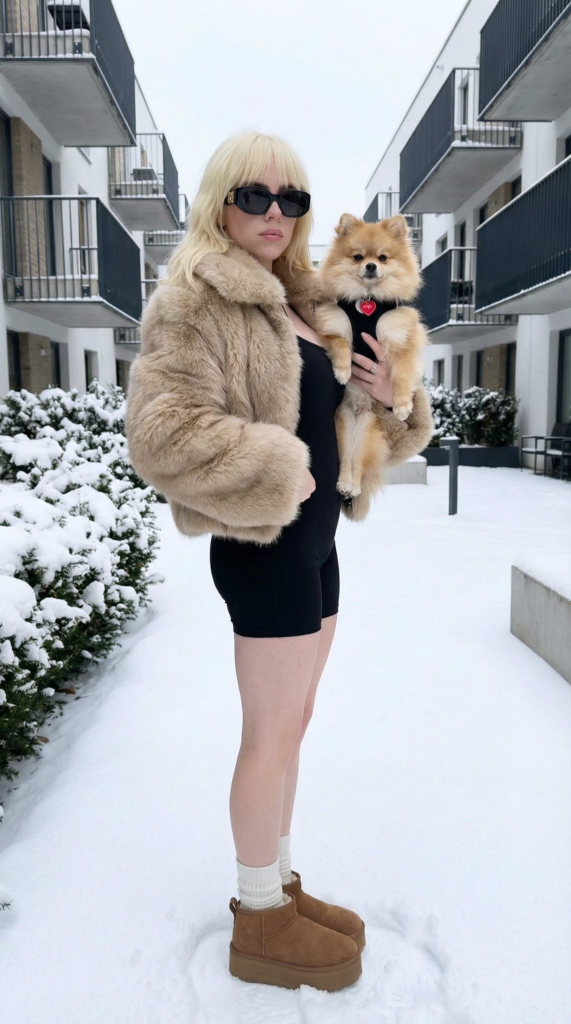 Luxury Winter Fashion Photo with Pomeranian Dog & Modern Setting