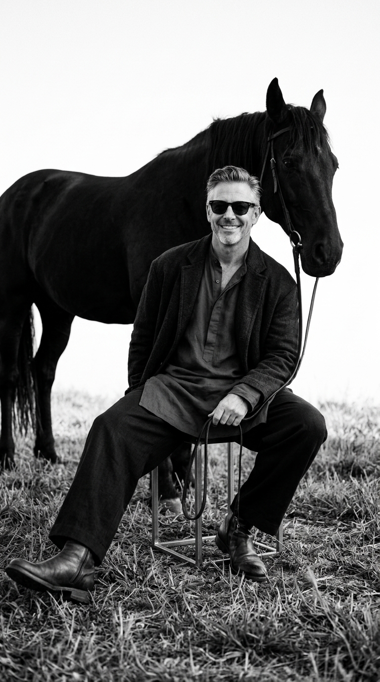 Monochrome Fashion Editorial: Model & Black Horse