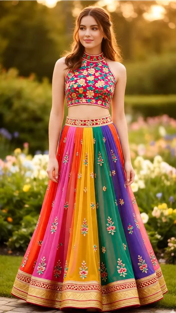 Multicolor Bridal Lehenga Zari Embroidery AI Prompt