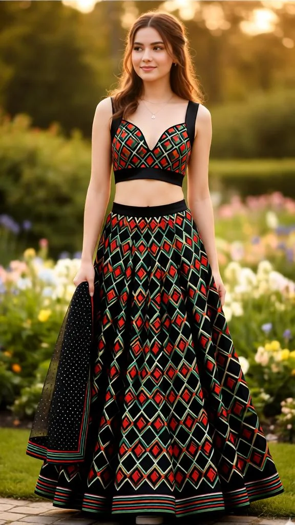 Multicolor Geometric Black Lehenga AI Prompt
