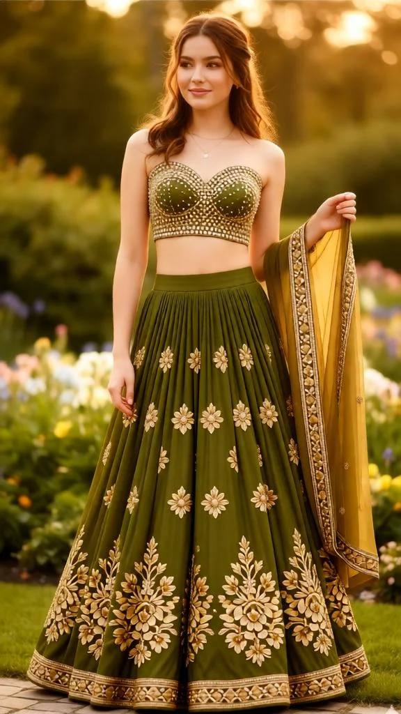 Olive Gold Lehenga Strapless Choli Dupatta Prompt