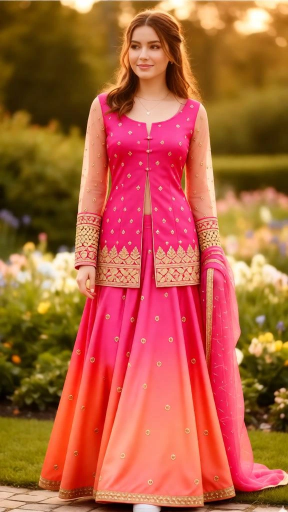 Pink Coral Ombre Lehenga with Gold Embroidery