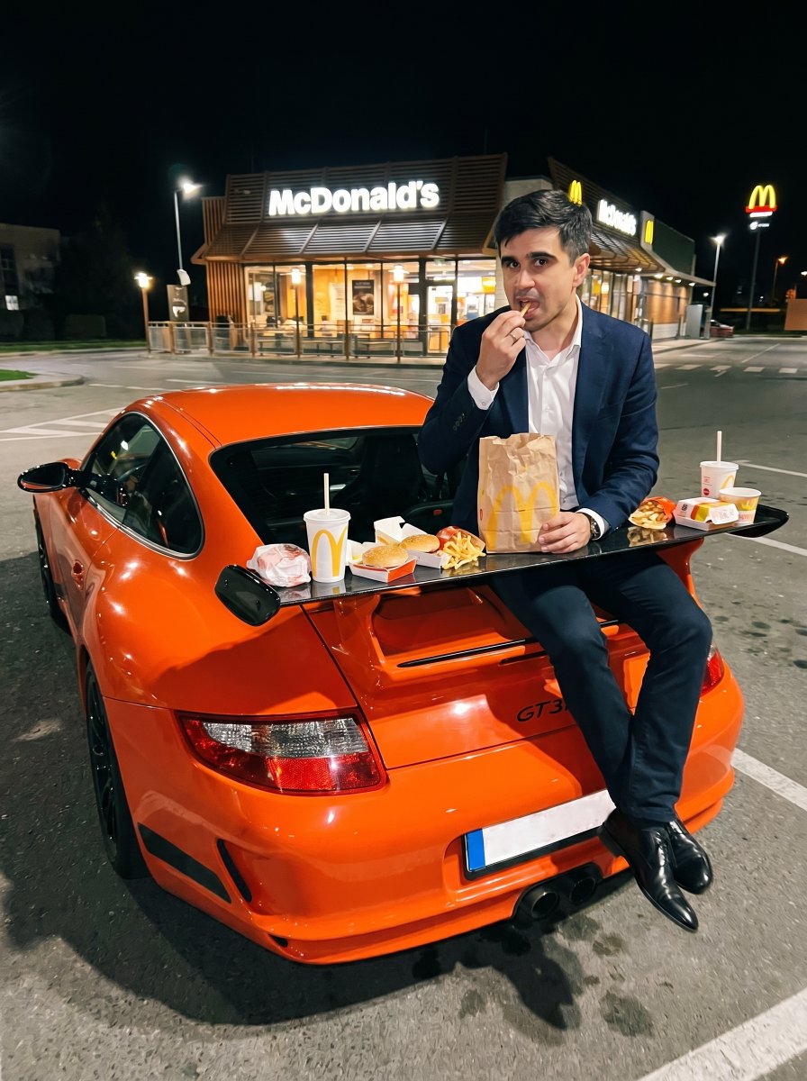 Prompt for AI-Generated Gritty Fashion Photos with Fast-Food Backdrops