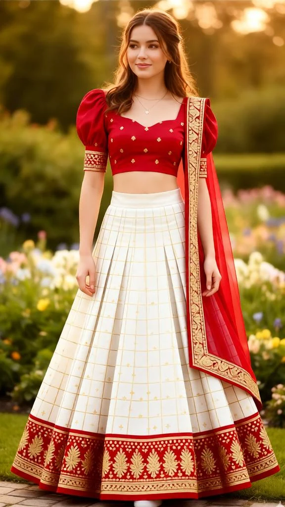 Red & Off White Lehenga with Gold Zari Embroidery