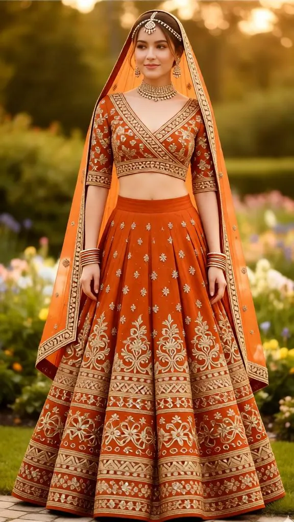 Rust Gold Embroidered Bridal Lehenga AI Prompts