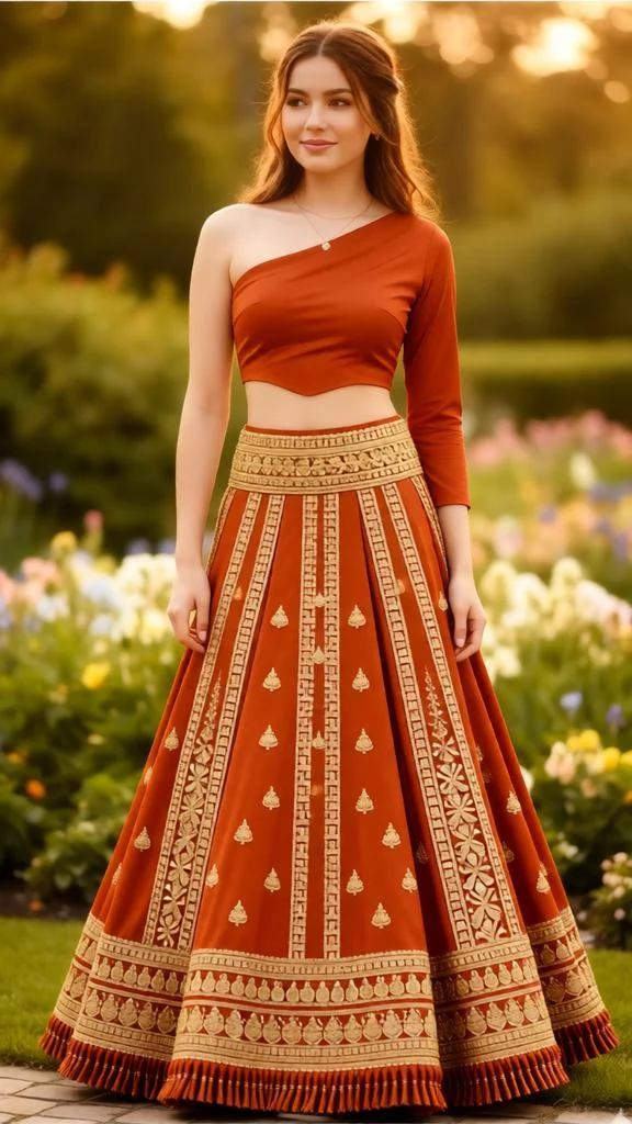 Rust Orange Lehenga Set with Antique Gold Zari Motifs