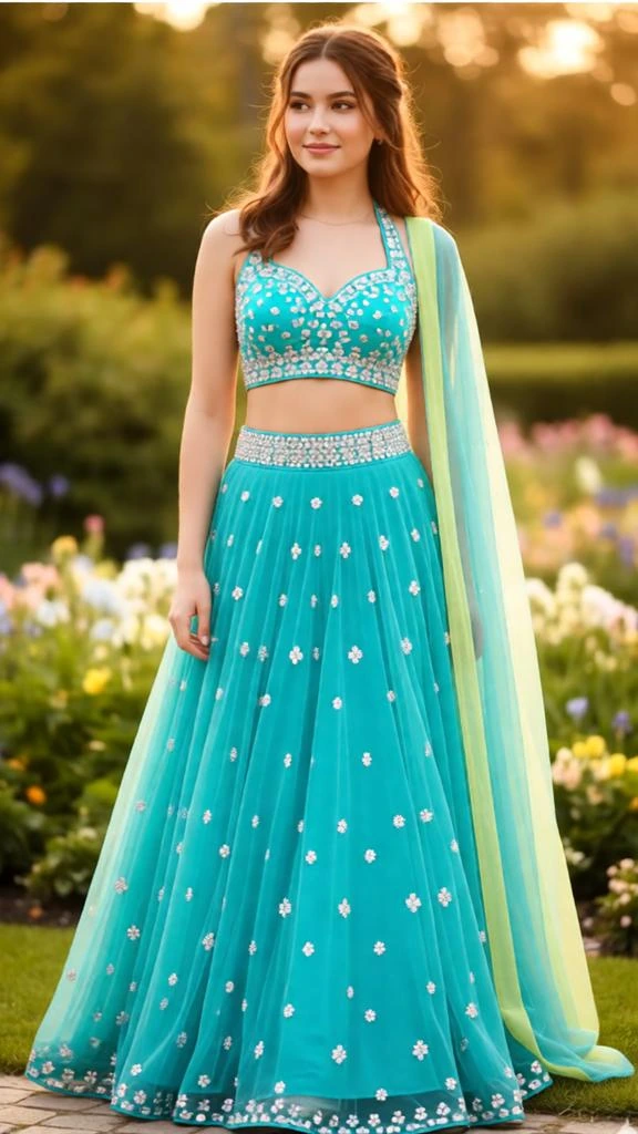 Shimmering Turquoise Lehenga with Silver Embroidery