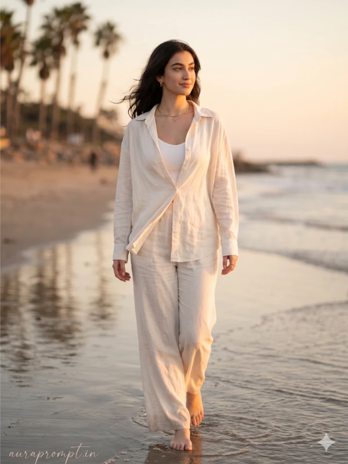 Stunning Beach Portrait of Woman in Linen Fashion