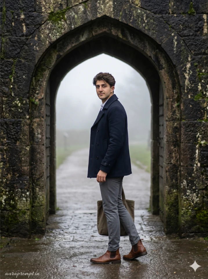 Stylish Man Under Stone Archway - Gemini AI Photo Prompt
