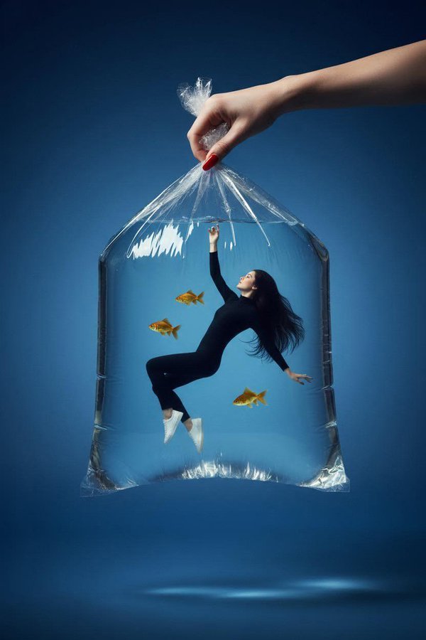 Surreal Glowing Fashion: Woman in Plastic Water Bag