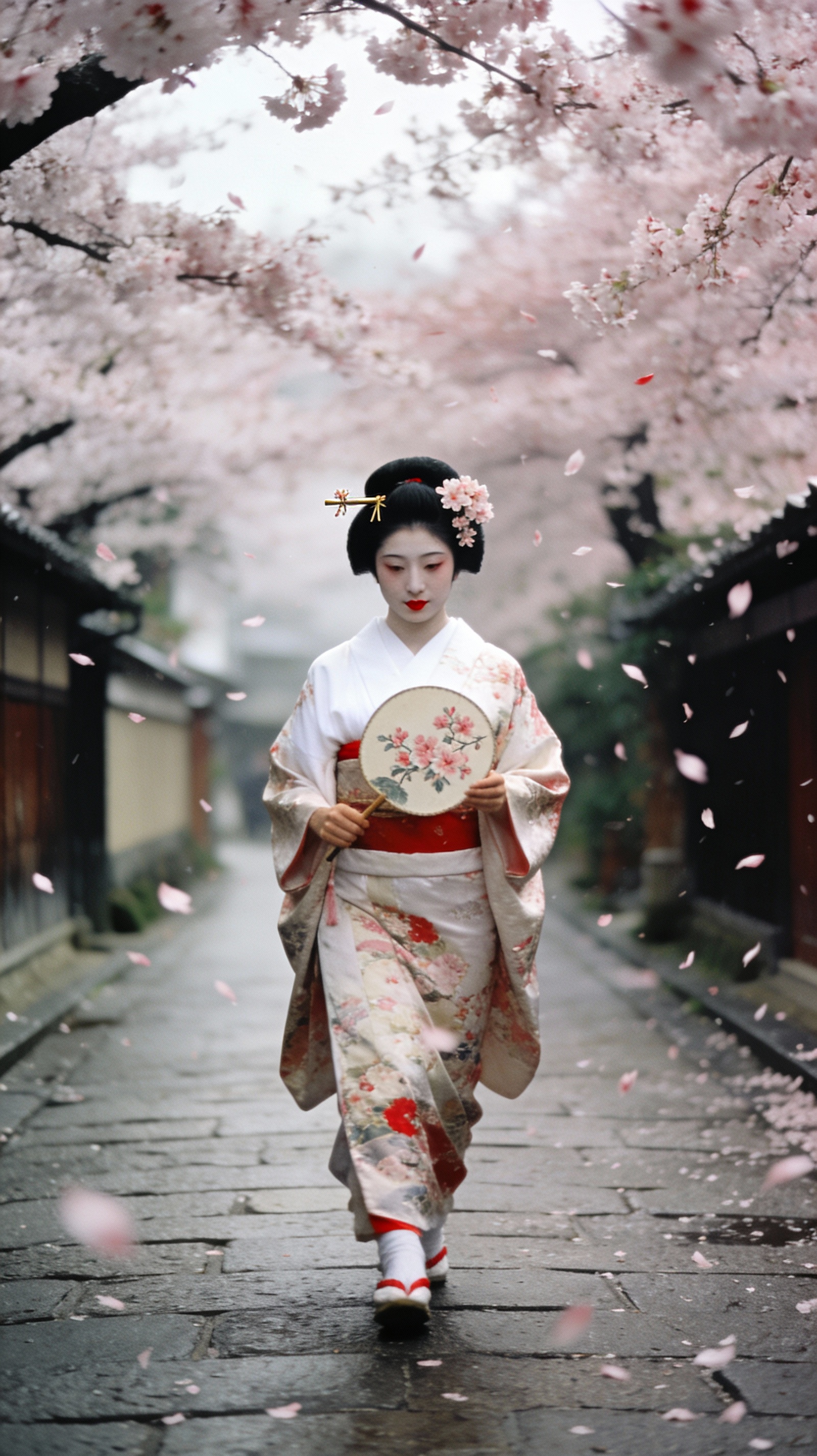 Traditional Geisha in Cherry Blossom Journey