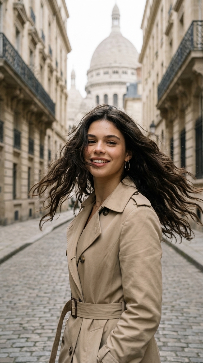 Trench Coat Editorial Portrait: Soft Overcast Cinematic Style