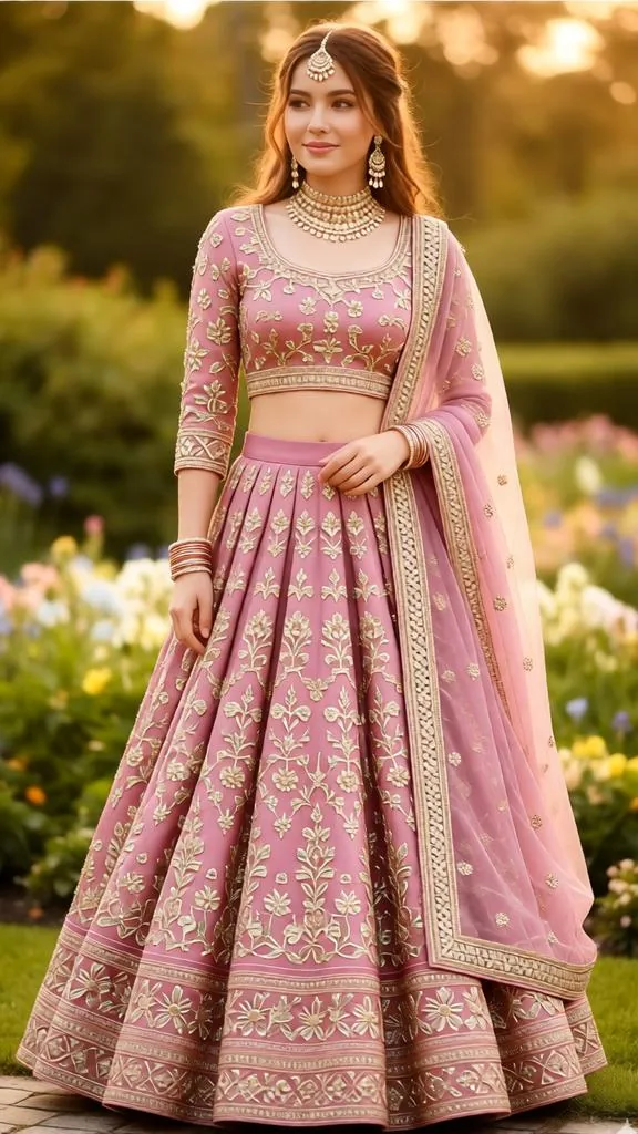 Trending Bridal Lehenga with Gold Zari Embroidery Prompt