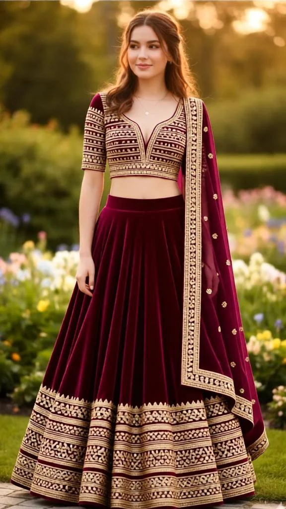 Trending Deep Magenta Velvet Lehenga AI Fashion Prompts