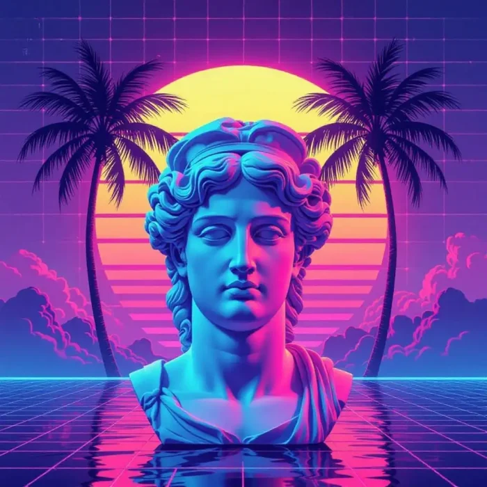 Vaporwave Retro T-Shirt Design with Neon Sunset