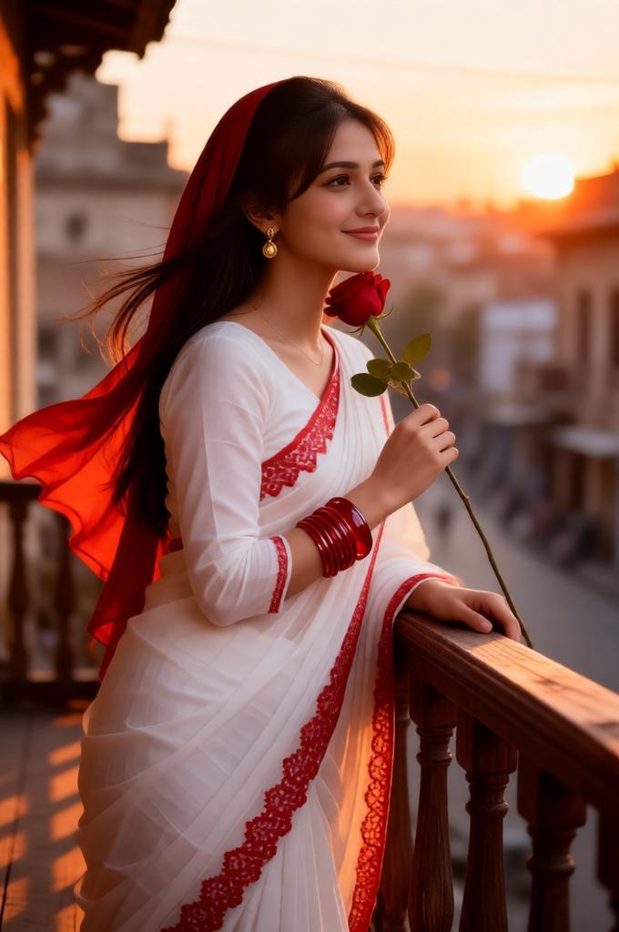 90s Bollywood Retro Portrait with Red Hijab & Rose