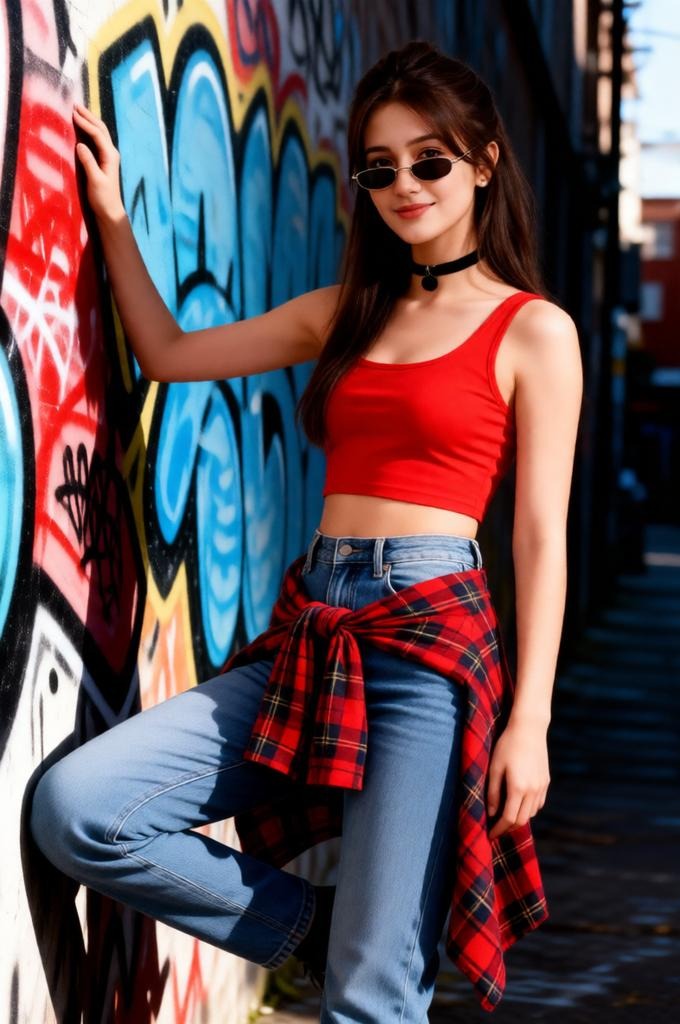90s Street Fashion Female Portrait with Graffiti Backdrop