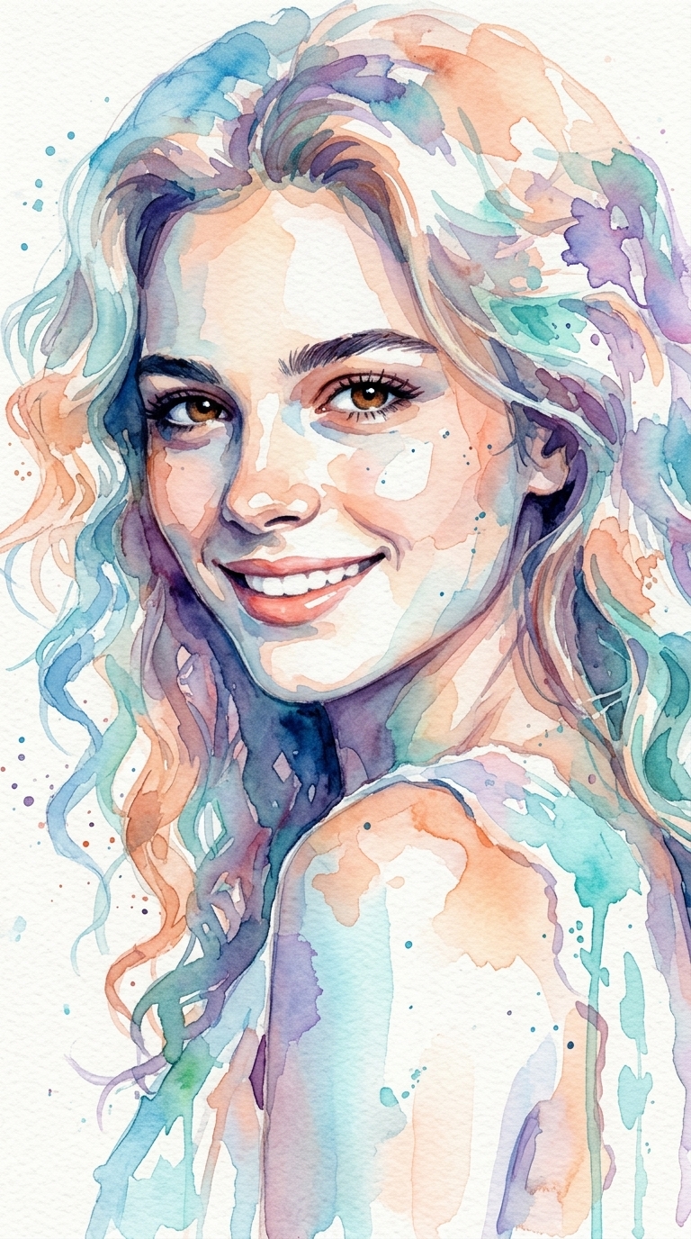 Abstract Watercolor Portrait with Expressive Eyes & Splashes