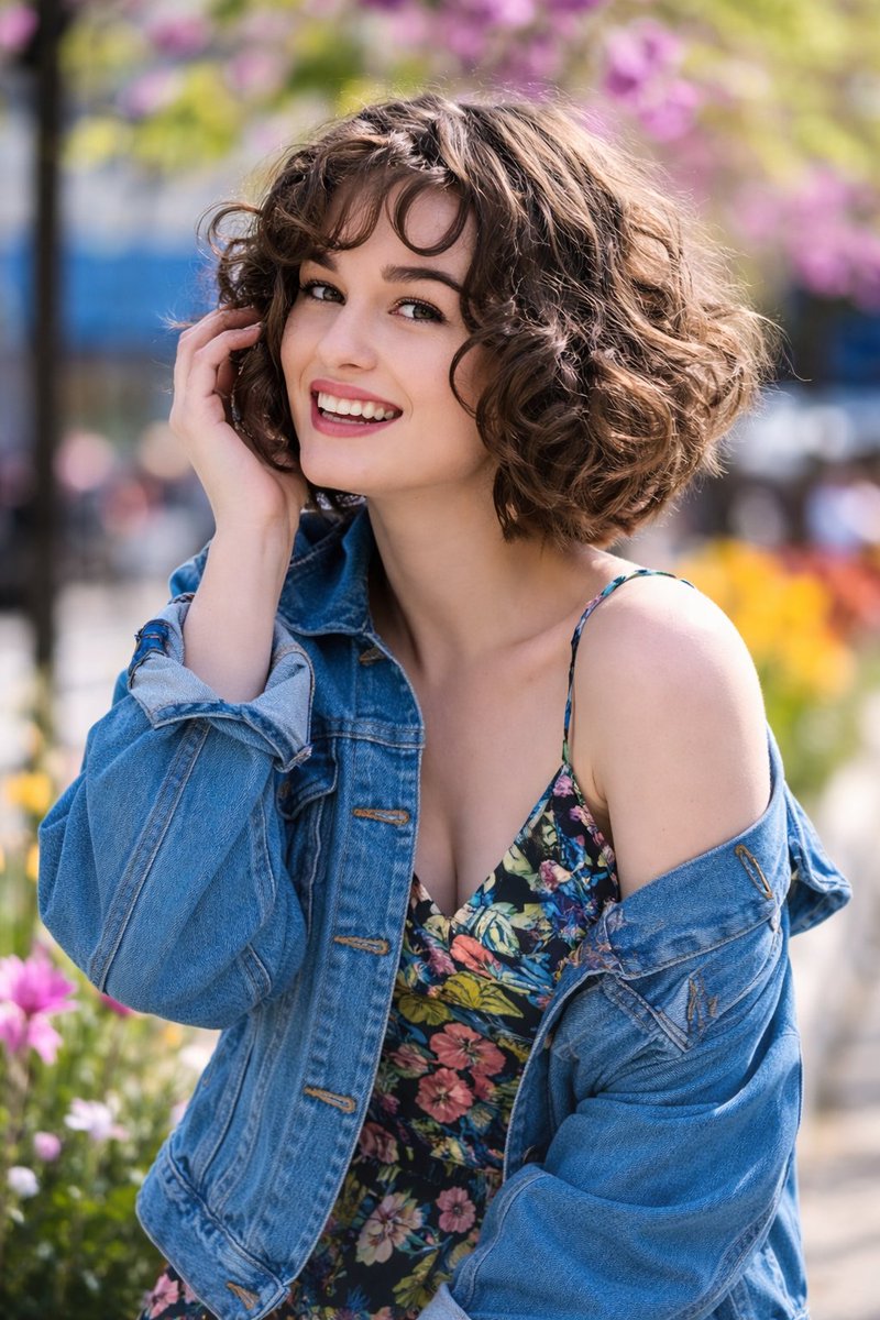 AI-Enhanced Portrait of Curly Brown Hair Woman Smiling Outdoors