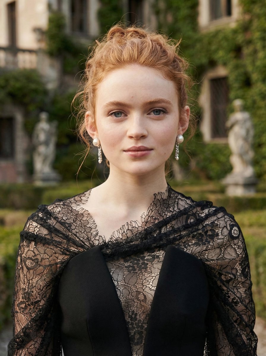 AI Portrait Prompt: Elegant Fine Art Editorial Portrait of Sadie Sink in a Historic European Castle