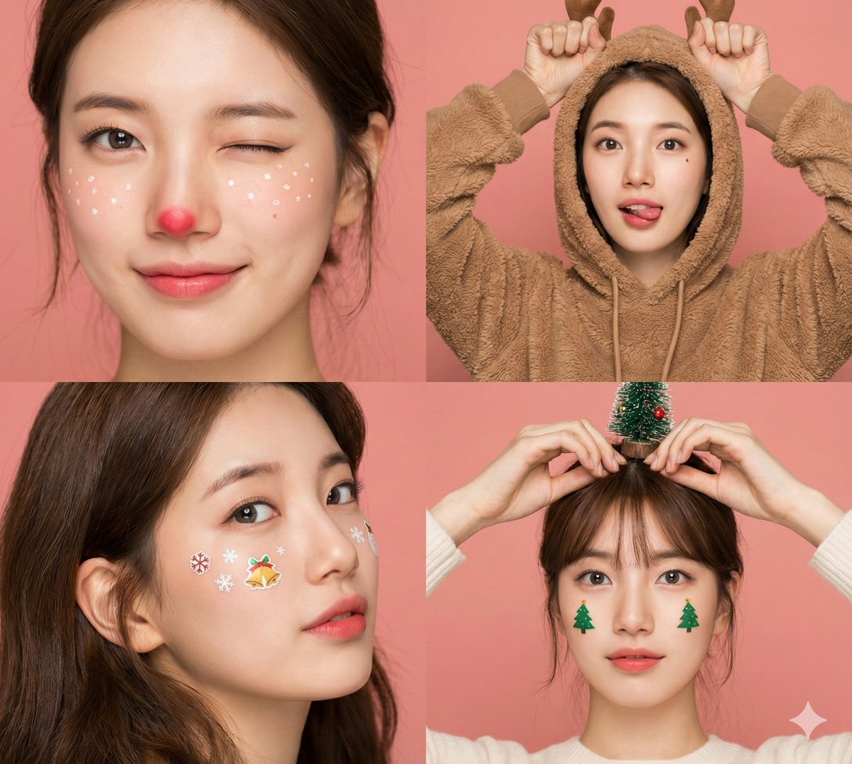 AI Prompt for 4-Panel Christmas Beauty Influencer Collage with Peach Background