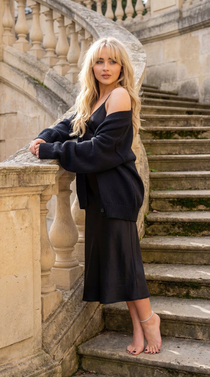 AI Prompt for 8K Sabrina Carpenter Portrait on Aged Neoclassical Staircase