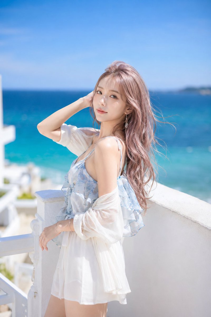 AI Prompt for a High-Fidelity Summer Portrait of a Woman on a Seafront Terrace