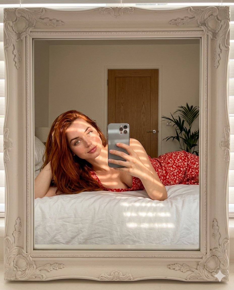 AI Prompt for Aesthetic Mirror Selfie with Red Hair and Cozy Bedroom Background
