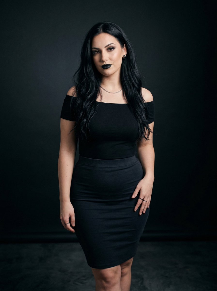 AI Prompt for Black on Black Portrait: Curvy Young Woman in Gothic Style