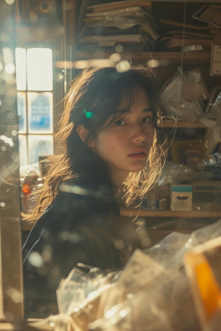 AI Prompt for Cinematic Asian Woman Portrait in Cluttered Interior