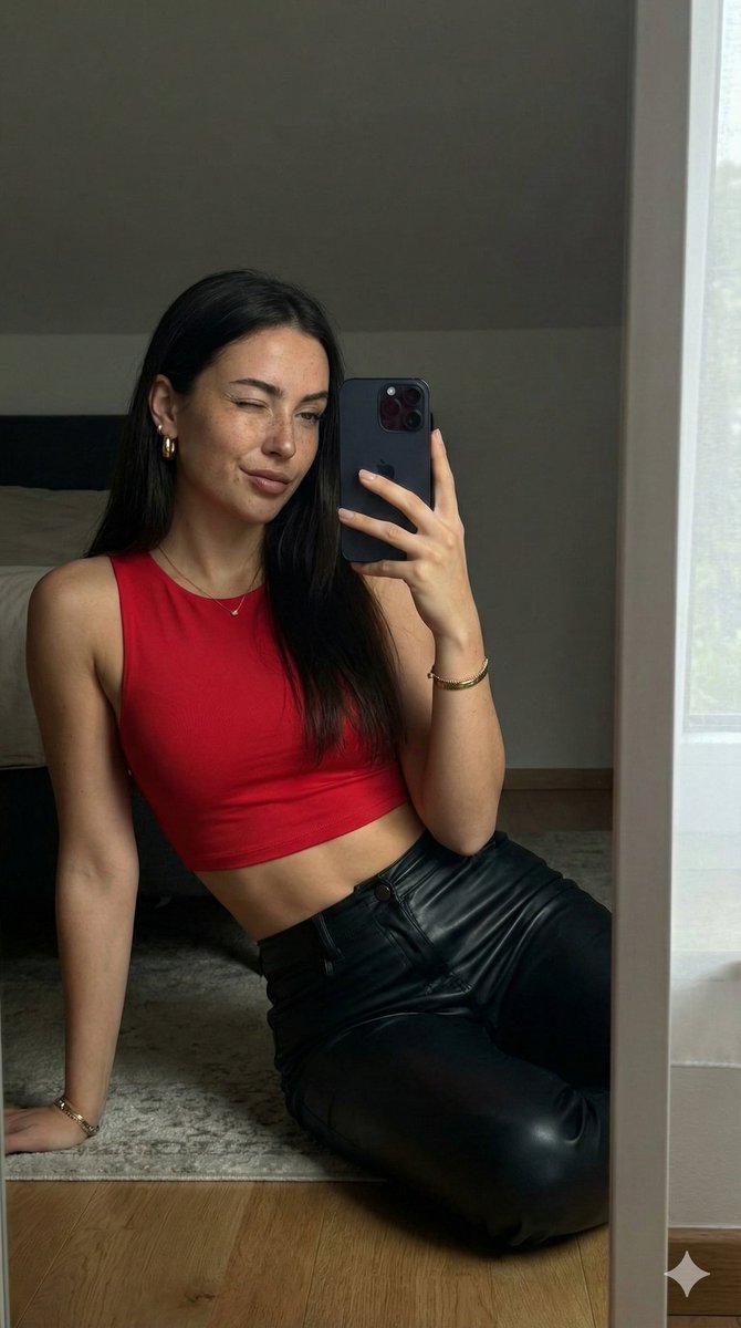 AI Prompt for Confident Female Portrait in Red and Black