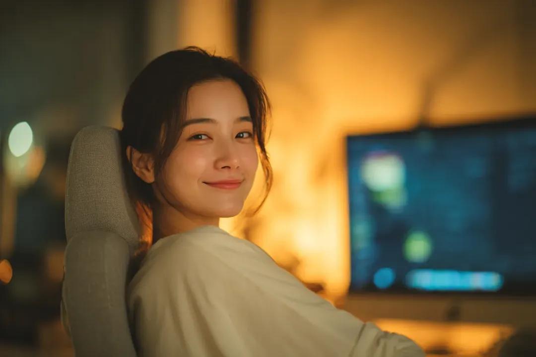 AI Prompt for Cozy Cinematic Female Portrait in Home Office with Soft Lighting